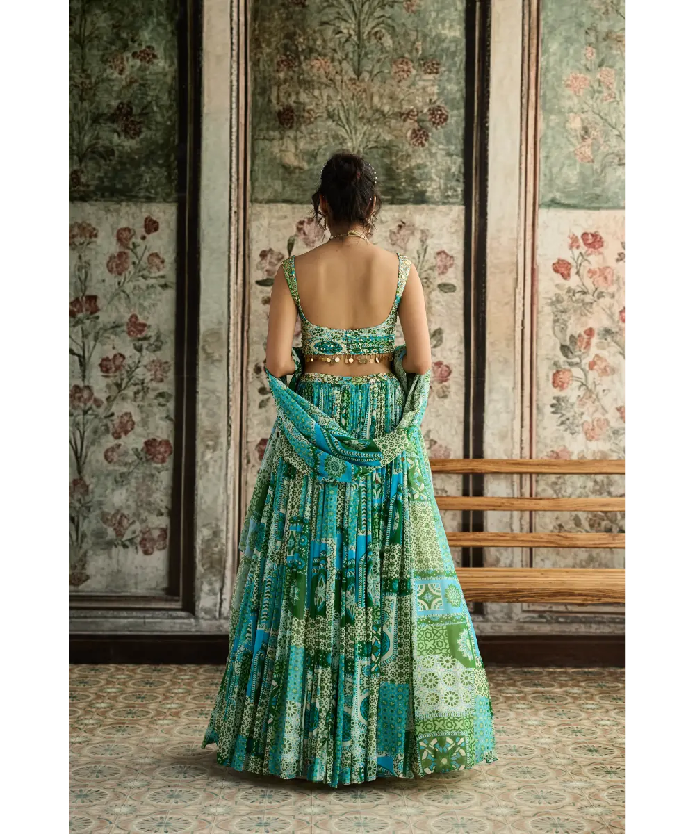 DIYARAJVVIR - Aqua Print and Highlighted Ruched Blouse Lehenga Set